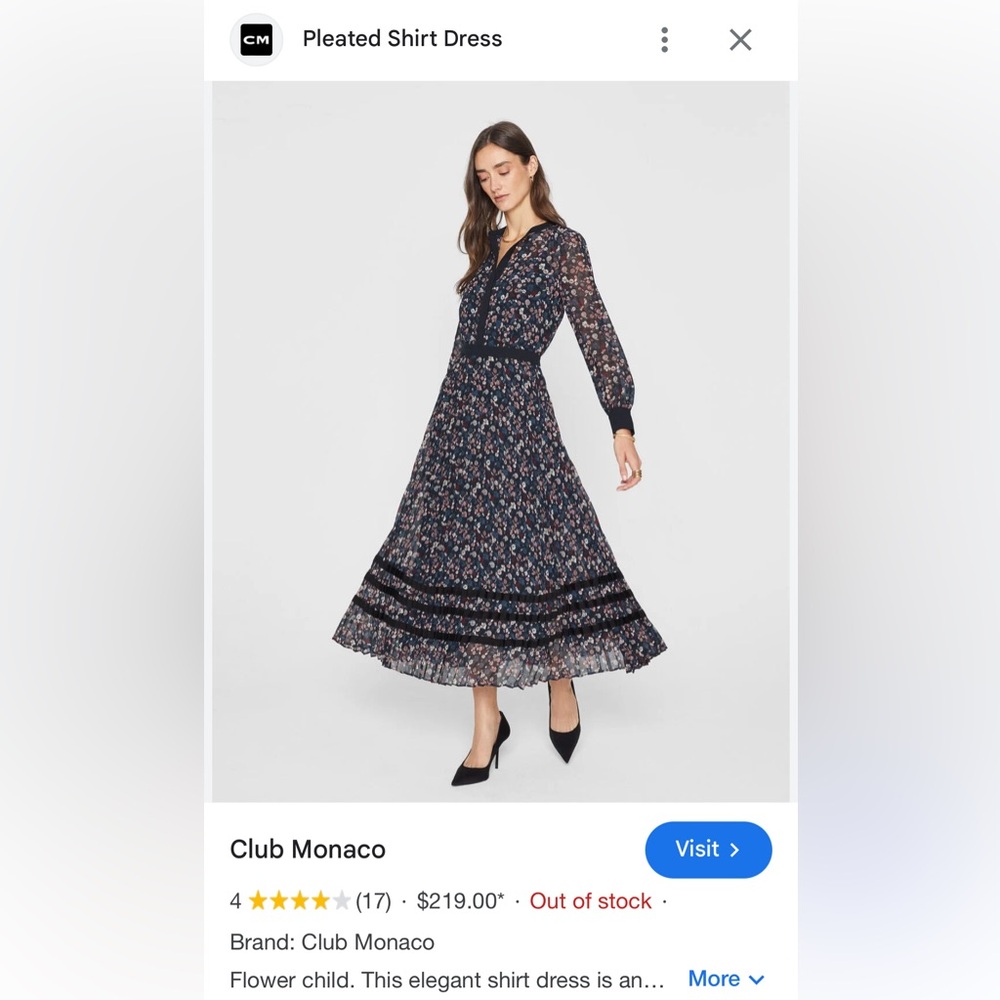 Never worn with tags! Club Monaco. Pleated floral shirt dress. Very elegant!